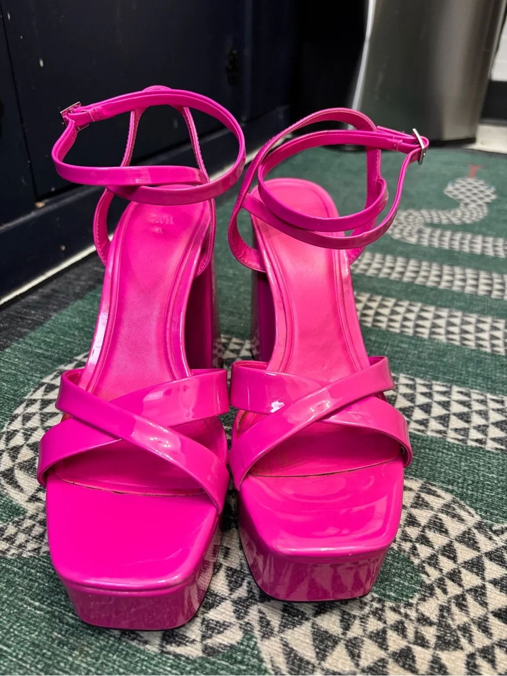 Zara Hot Pink Patent Platform Block-Heel Sandals
